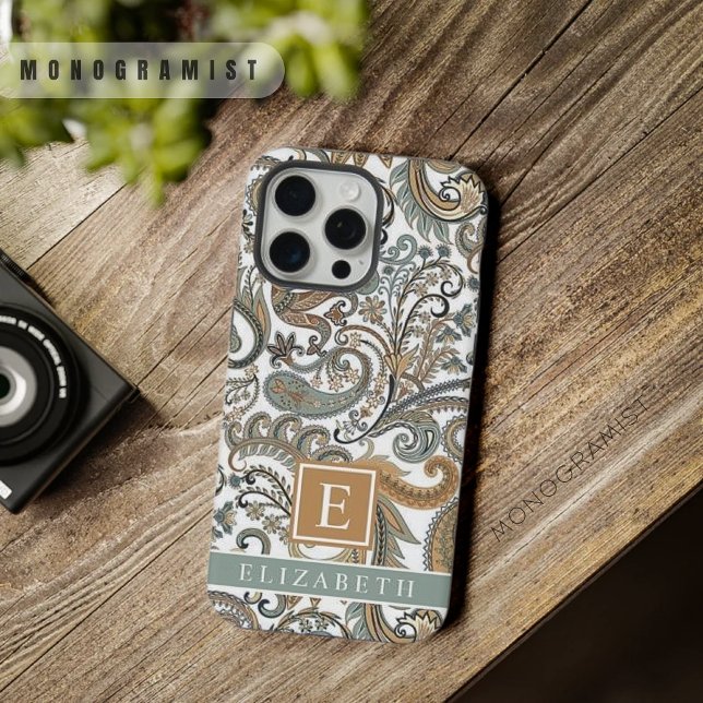 Maßgeschneidertes White Gold Gray Blue Paisley iPhone Hülle (Customizable White Gold Grey Blue Paisley iPhone Case)