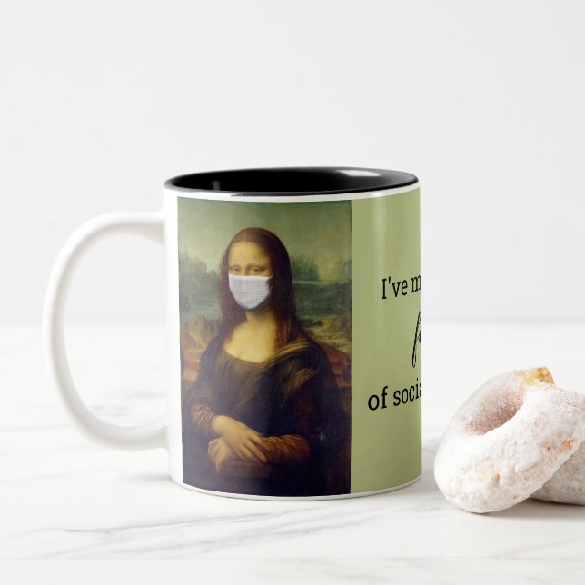 Massierte Mona Lisa soziale Distanz Zweifarbige Tasse (Mit Donut)