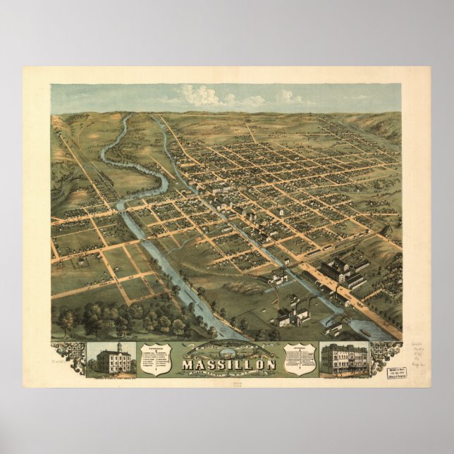 Massillon Ohio 1870 Antique Panoramabalkarte Poster (Vorne)