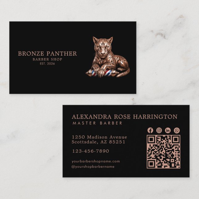 Master Barber Shop Rose Gold Panther Qr Code Visitenkarte (Vorne/Hinten)
