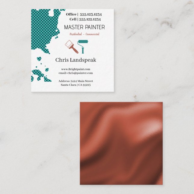 MasterMaler & Copper Blue Checkerboard Muster Quadratische Visitenkarte (Vorne/Hinten)