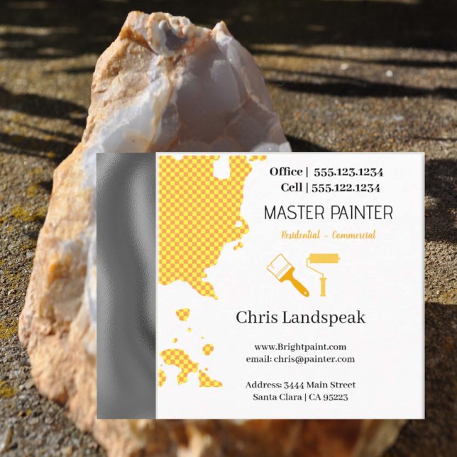 MasterMaler & Orange Yellow Checkerboard Muster Quadratische Visitenkarte (Master Painter Business card)