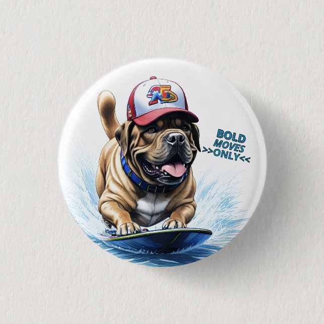 Mastiff englische Dogge Auf Surfbrett Urlaub Button (Vorderseite)
