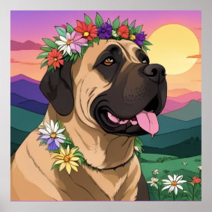 Mastiff englische Dogge mit Blumenkranz Muttertag Poster