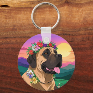 Mastiff englische Dogge mit Blumenkranz Muttertag Schlüsselanhänger