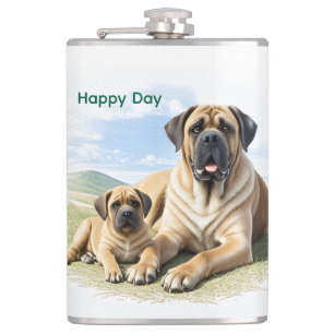 Mastiff englische Dogge mit Kind im Urlaub Flachmann