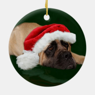 Mastiff in einer Weihnachtsmannmütze Keramikornament