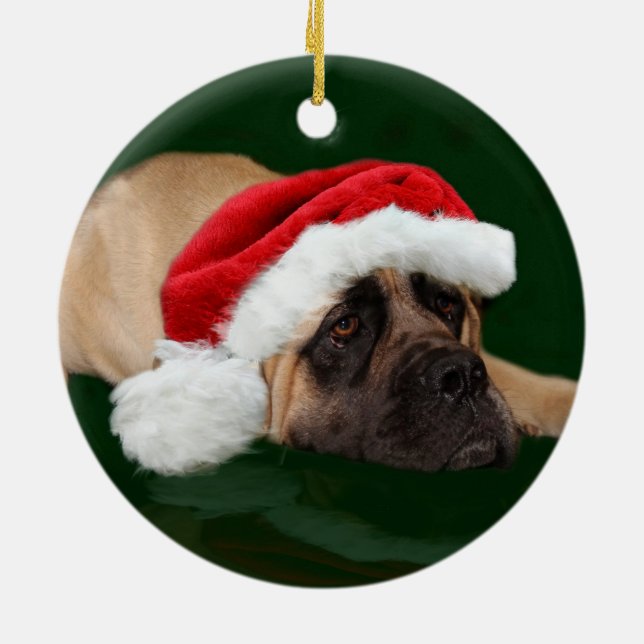 Mastiff in einer Weihnachtsmannmütze Keramikornament (Hinten)