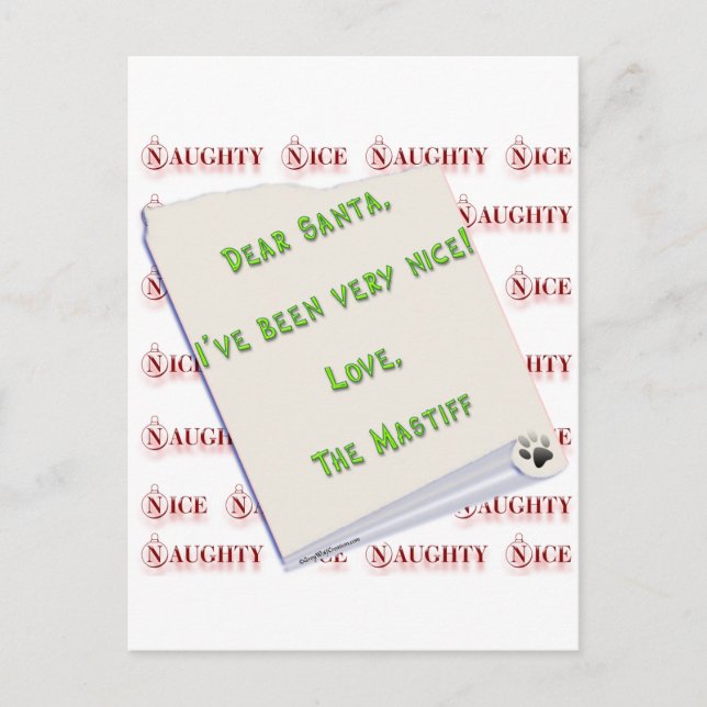 Mastiff Naughty oder Nice Feiertagspostkarte (Vorderseite)