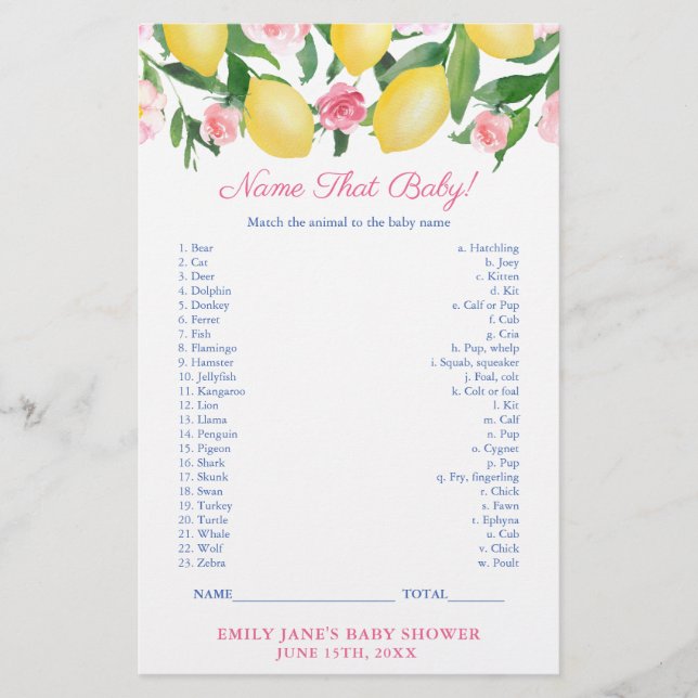 Match Baby Animal mit Mama Lemons Shower Game Card Flyer (Vorne)