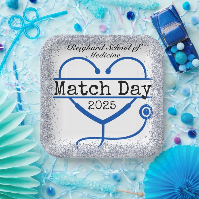 Match Day Blue 2025 Glitzer Stethoscope Pappteller (Party)