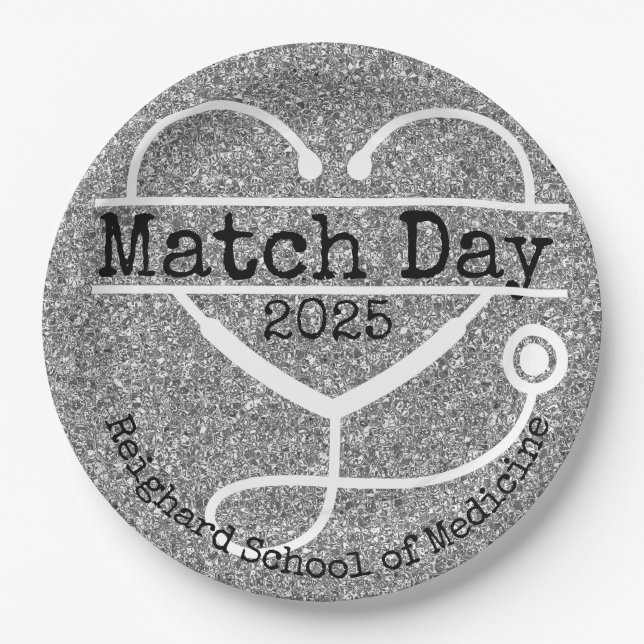 Match Day Silver 2025 Glitzer Stethoscope Pappteller (Vorderseite)