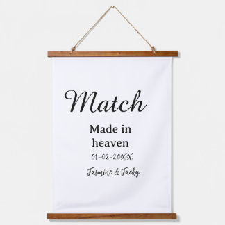 Match made in heaven add name date simple calligra wandteppich mit holzrahmen