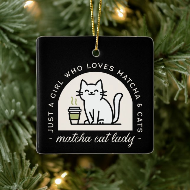 Matcha and cat lovers funny quotes aesthetic black keramikornament (Baum)