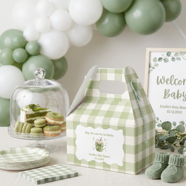Matcha Babyparty Grün Schleife Gingham Geschenkschachtel (Von Creator hochgeladen)