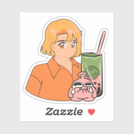 Matcha Bubble Tea Zeit – Ästhetisches Orange Anime Aufkleber