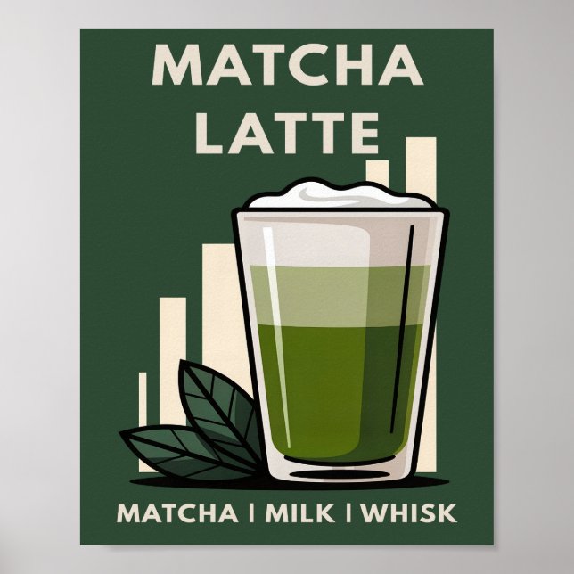 Matcha Latte Retro Dunkelgrün Cafe Grafik Poster (Vorne)