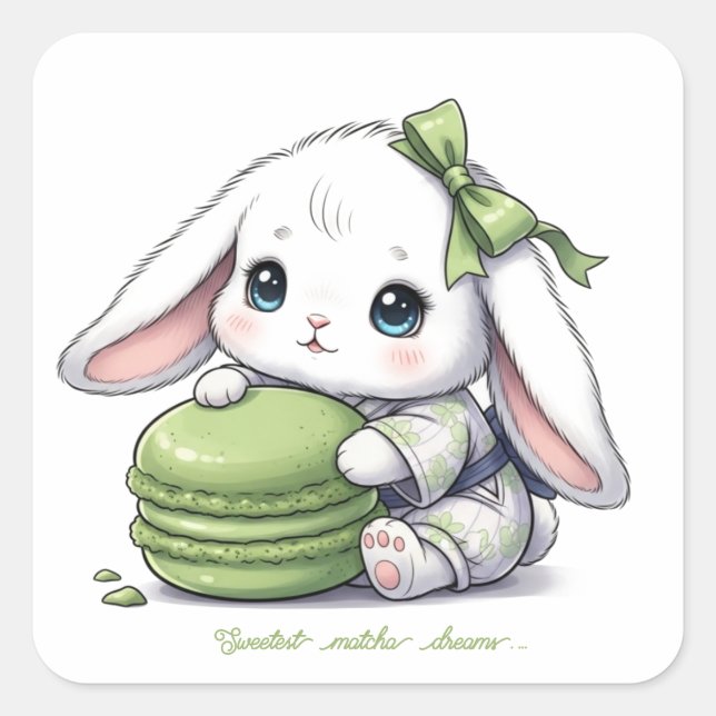 Matcha Macaron Baby Bunny - Kimono Yukata & Ribbon Quadratischer Aufkleber (Vorderseite)