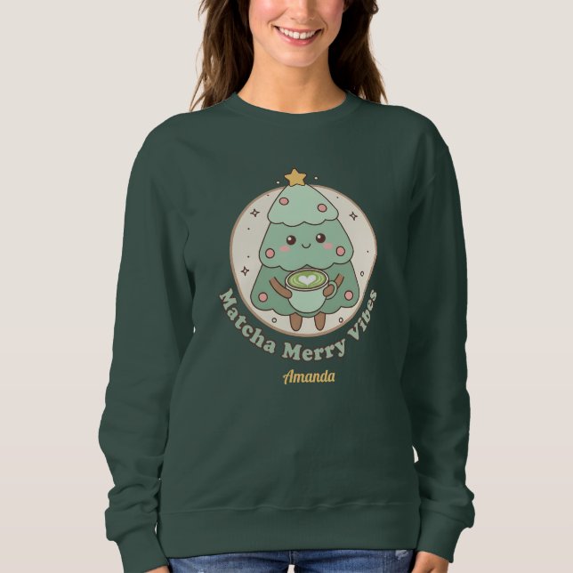 Matcha Merry Vibes Weihnachtsbaum Sweatshirt (Vorderseite)