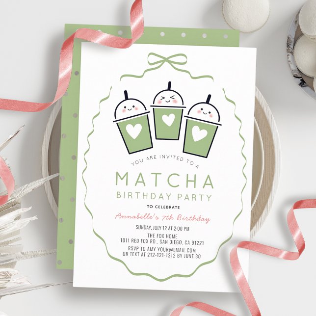 Matcha-Teeparty Kawaii-Bogenrahmen Mädchen-Geburts Einladung (Von Creator hochgeladen)