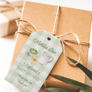 Matcha-Themen- Grün kariert Gingham-Baby-Party Geschenkanhänger