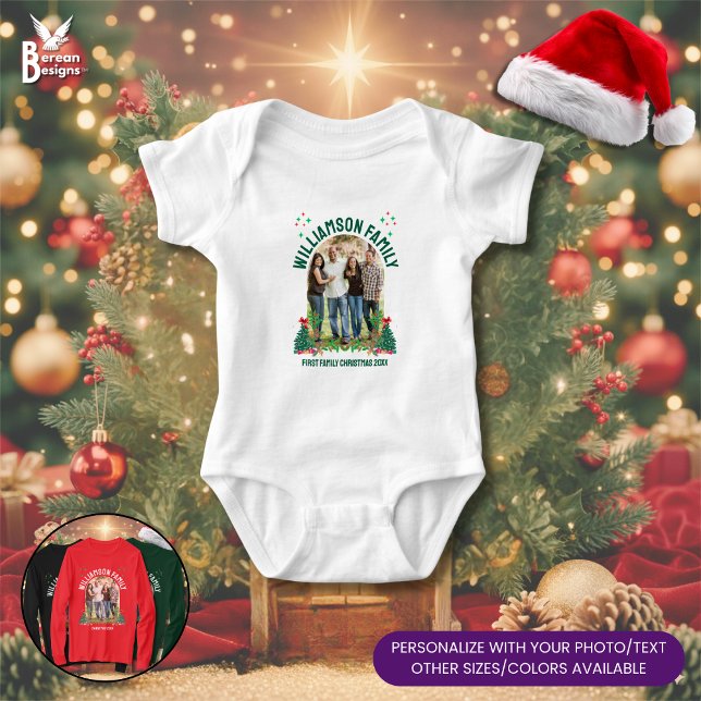 Matching CHRISTMAS FAMILY Photo Group Baby Strampler (Christmas family reunion matching baby bodysuit w/ customizable photo and name)