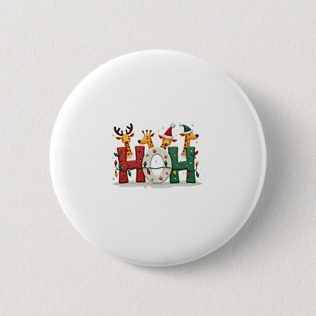 Matching Christmas Santa Hat Ho Ho Ho Giraffe Anim Button (Vorderseite)
