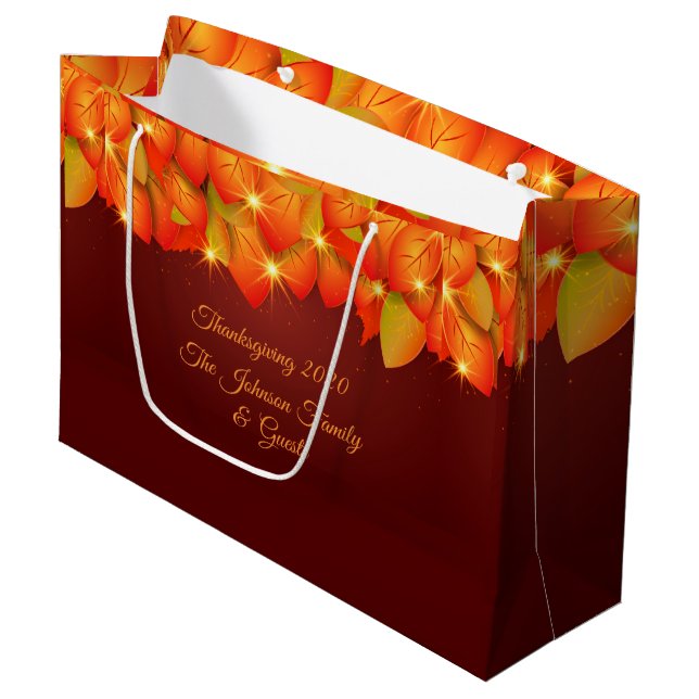 Matching Erntedank Orange Leaf Name Year Große Geschenktüte (Vorderseite Schrägansicht)