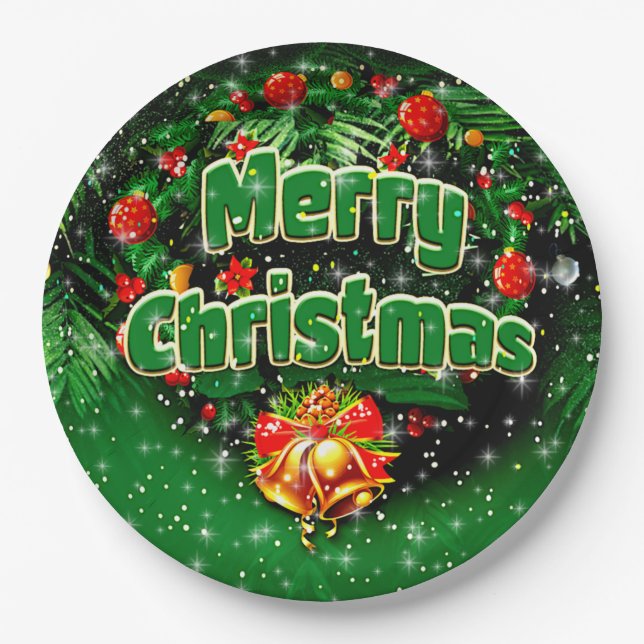 Matching Green Merry Christmas Gold Bells 9" Pappteller (Vorderseite)
