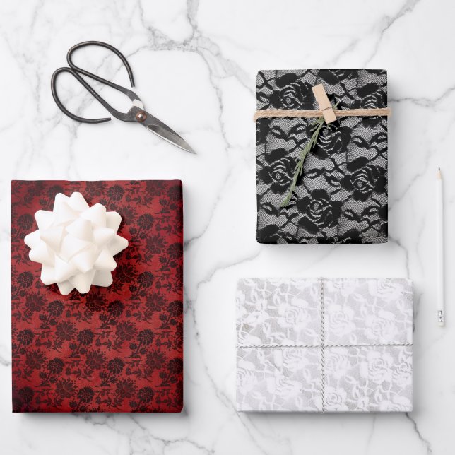 Matching Halloween Black Rose Goth White Lace Red Geschenkpapier Set (Vorderseite)