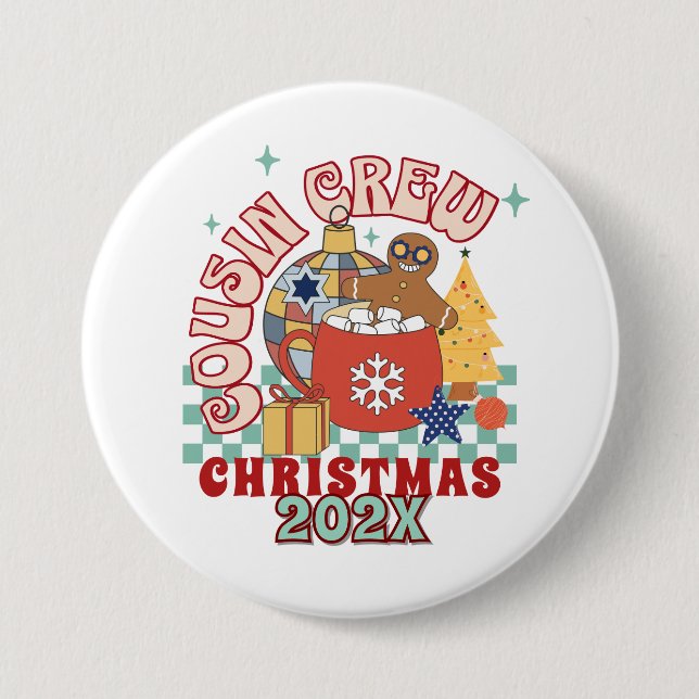 Matching Retro Cousin Crew Weihnachtskinder Button (Vorderseite)