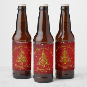 Matching Set Christmas Red Gold Tree Stars Name Bierflaschenetikett