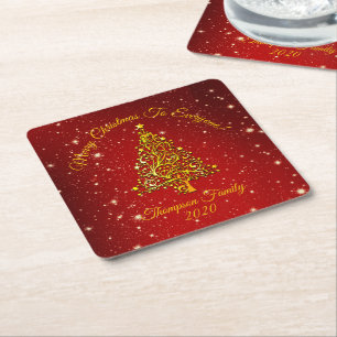Matching Set Christmas Red Gold Tree Stars Name Rechteckiger Pappuntersetzer