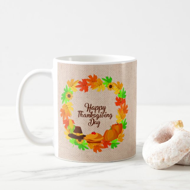 Matching Set Erntedank Green Gold Kranz Hat Kaffeetasse (Mit Donut)