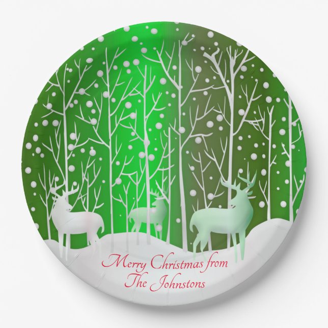 Matching Set White Reindeer Edit Name Green 9" Pappteller (Vorderseite)