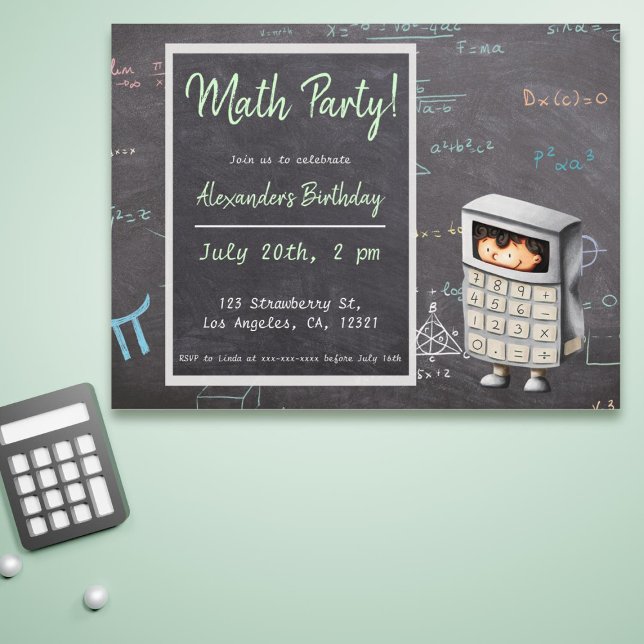 Math Black Illustriert Calculator Kid Einladung Postkarte (Cute math birthday invitation postcard)