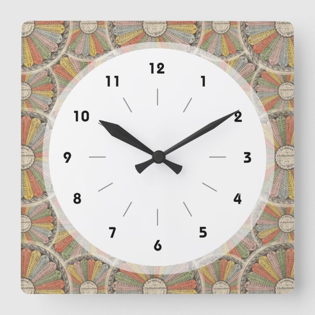 Math Geek's Vintage Multiplication Tables Quadratische Wanduhr (Vorderseite)