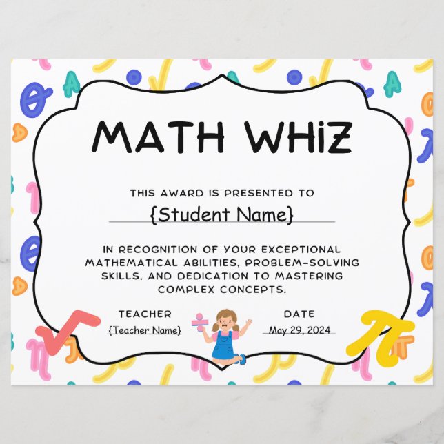 Math Whiz Student Recognition Award zum Jahresende (Vorderseite)
