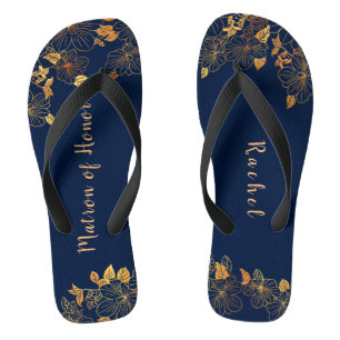 Matron Honor Gold Foliage Muster Navy Blue Flip Flops