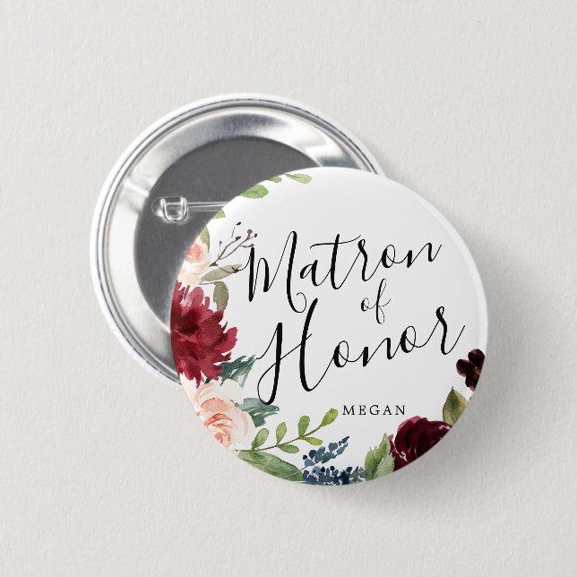 Matron of Honor Burgundy Bouquet Custom Wedding Button (Vorne & Hinten)