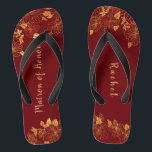 Matron of Honor Dark Burgundy Gold Foliage Muster Flip Flops<br><div class="desc">Diese prächtige dunkelburgundische und goldene Blattmuster-Matrone aus Ehrenflip-Flops hat einen dunkelburgundischen Hintergrund, der mit einem faszinierenden goldenen Blumenmuster und einer individuell anpassbaren modernen Typografie geschmückt ist. Die Kombination aus dem reichen Bordeaux und dem schimmernden Gold schaffen eine elegante und luxuriöse Ästhetik. Es ist ein schönes Geschenk für Ihr Brautparty. Anzeigen...</div>