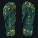 Matron of Honor Emerald Green & Gold Foliage Flip Flops<br><div class="desc">Diese wunderschöne smaragdgrüne und goldgelbe Blattmatrone mit Ehrenflippenstöcken zeichnet sich durch goldenes Blattmuster und moderne Typografie auf zeitlos dunkelgrünem Hintergrund aus. Es ist ein schönes Geschenk für Ihr Brautparty. Anzeigen der Auflistung auf dieser Seite, um passende Elemente zu finden. Staffel es mit deinen Informationen anpassen. Wenn Sie gewollt haben, um...</div>
