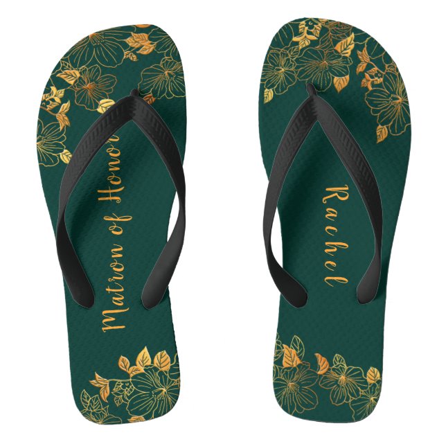 Matron of Honor Emerald Green & Gold Foliage Flip Flops (Fußbett)