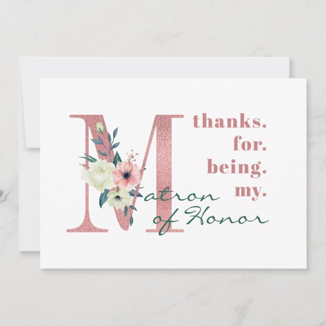 Matron of Honor Pink Floral Letter Wedding Dankeskarte (Vorderseite)