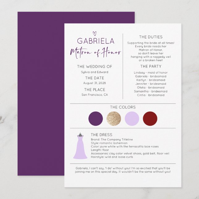 Matron of Honor Vorschlag & Information (Vorne/Hinten)