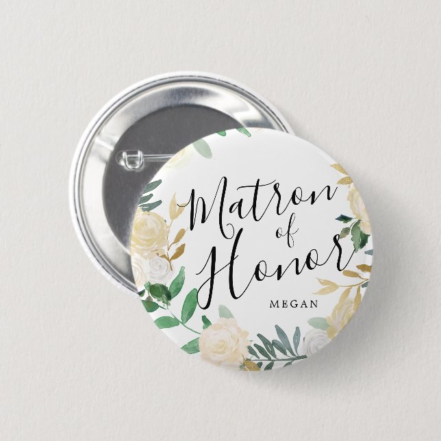 Matron of Honor White Rose Bouquet Custom Wedding Button (Vorne & Hinten)