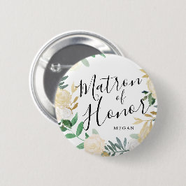 Matron of Honor White Rose Bouquet Custom Wedding Button