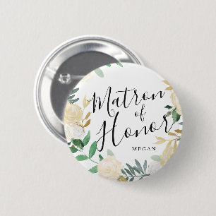 Matron of Honor White Rose Bouquet Custom Wedding Button