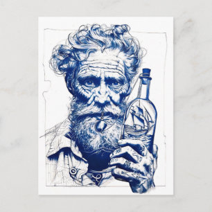 Matrose, der eine Flasche mit einem kleinen Modell Postkarte