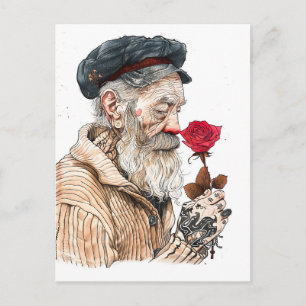Matrose hält rote Rose in romantischer Geste; Flas Postkarte